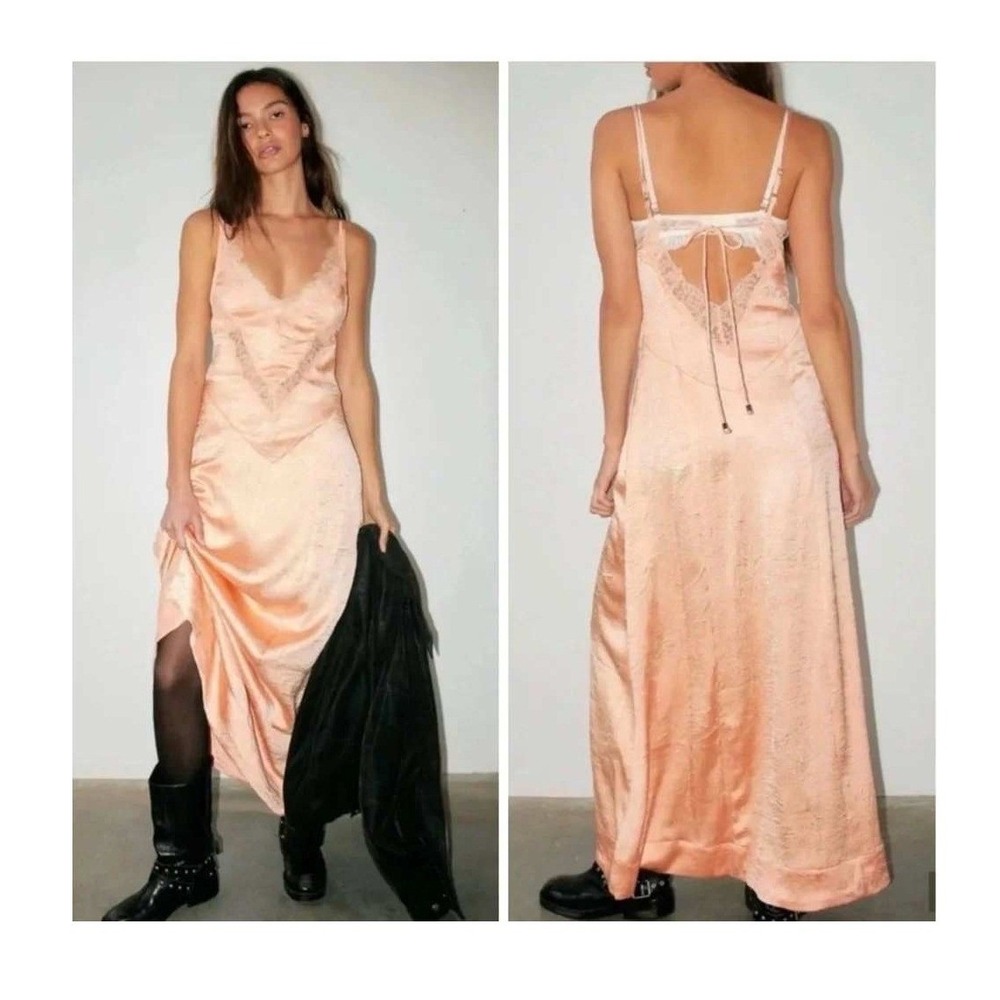 Free People Maybe Forever Maxi Slip Dress Size 10 Peach Lace Trim Satin 90s